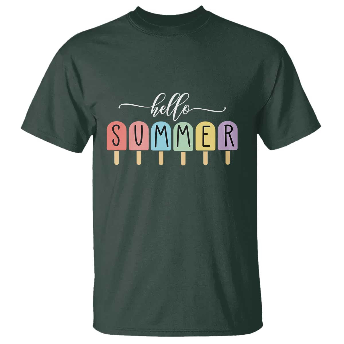 Hello Summer Vacation Ice Cream Popsicle Ice Lolly T Shirt TS10 Dark Forest Green Print Your Wear