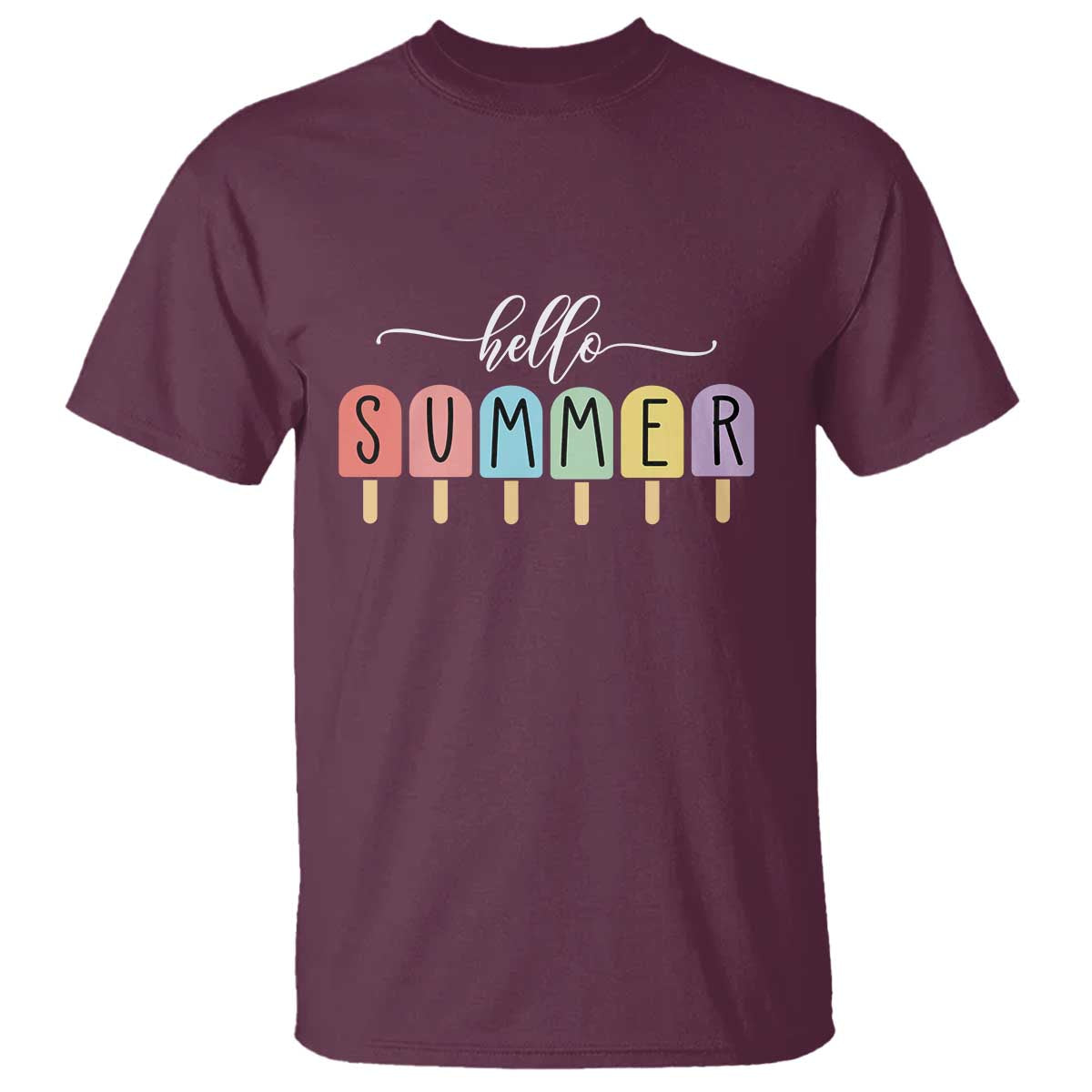 Hello Summer Vacation Ice Cream Popsicle Ice Lolly T Shirt TS10 Maroon Print Your Wear