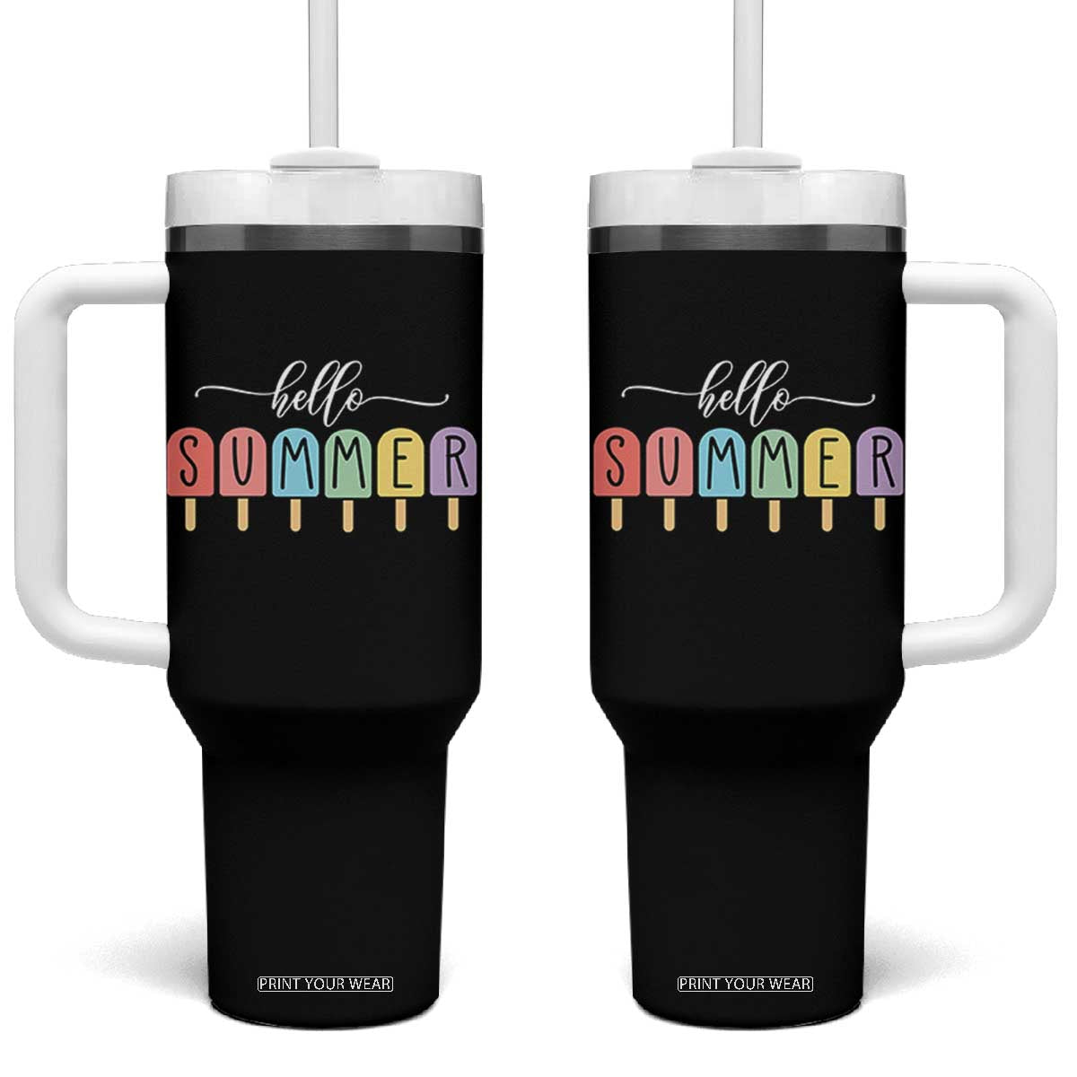 Hello Summer Vacation Ice Cream Popsicle Ice Lolly Tumbler With Handle TS10 One Size: 40 oz Black Print Your Wear