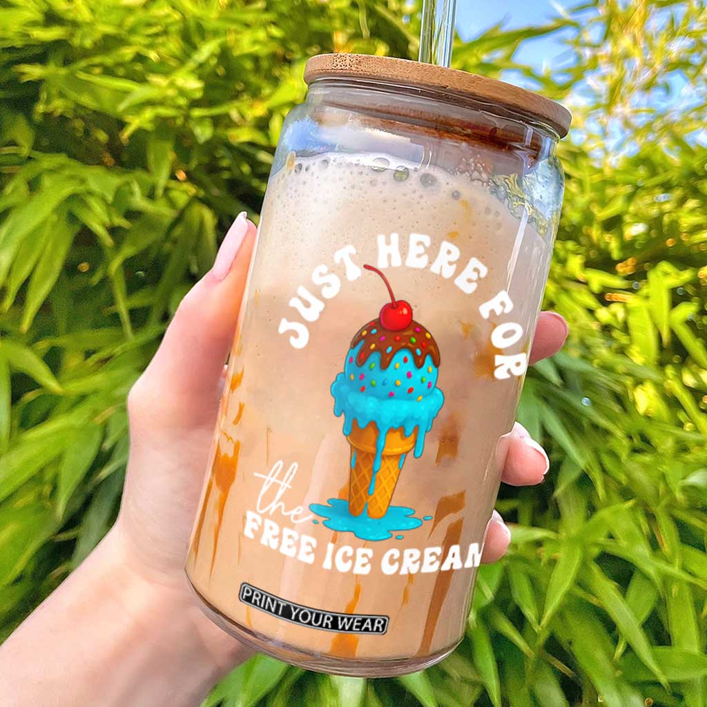 I'm Just Here For The Free Ice Cream Glass Can Funny Cruise Summer Vacation TS10 Black Print Your Wear