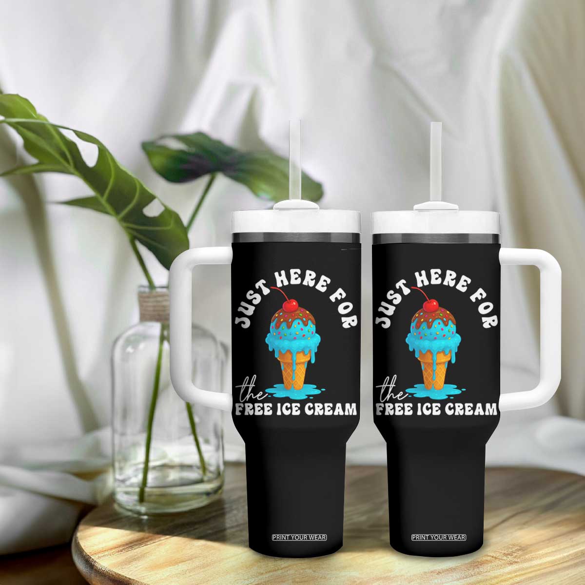 I'm Just Here For The Free Ice Cream Tumbler With Handle Funny Cruise Summer Vacation TS10 Print Your Wear