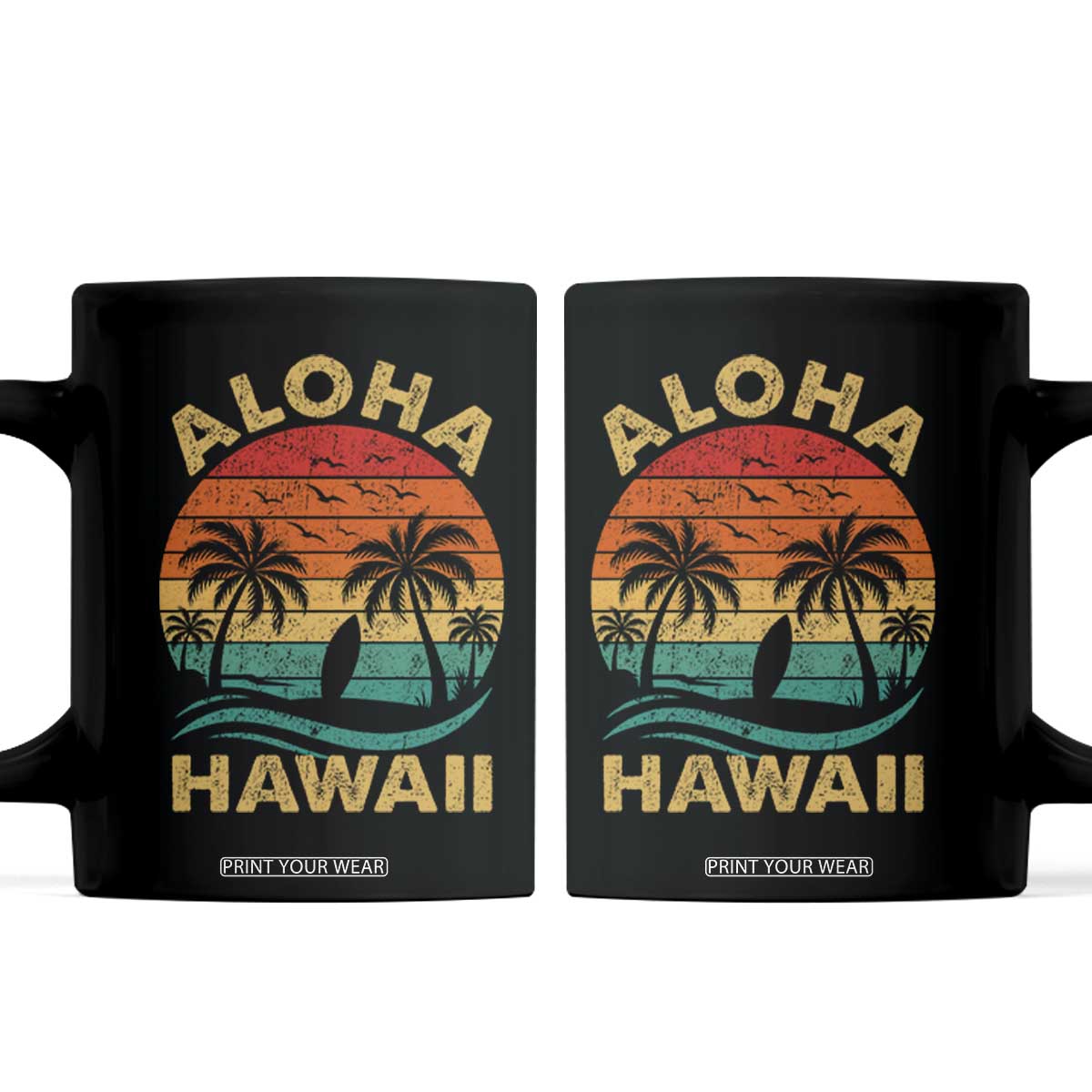 Aloha Hawaii Coffee Mug Retro Hawaiian Island Palm Beach Surfboard Surf TS10 Black Print Your Wear