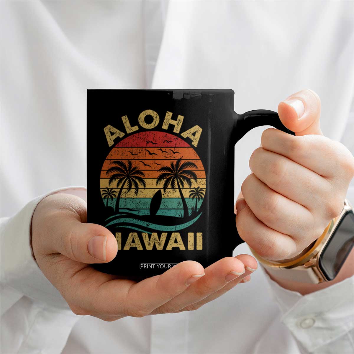 Aloha Hawaii Coffee Mug Retro Hawaiian Island Palm Beach Surfboard Surf TS10 Print Your Wear