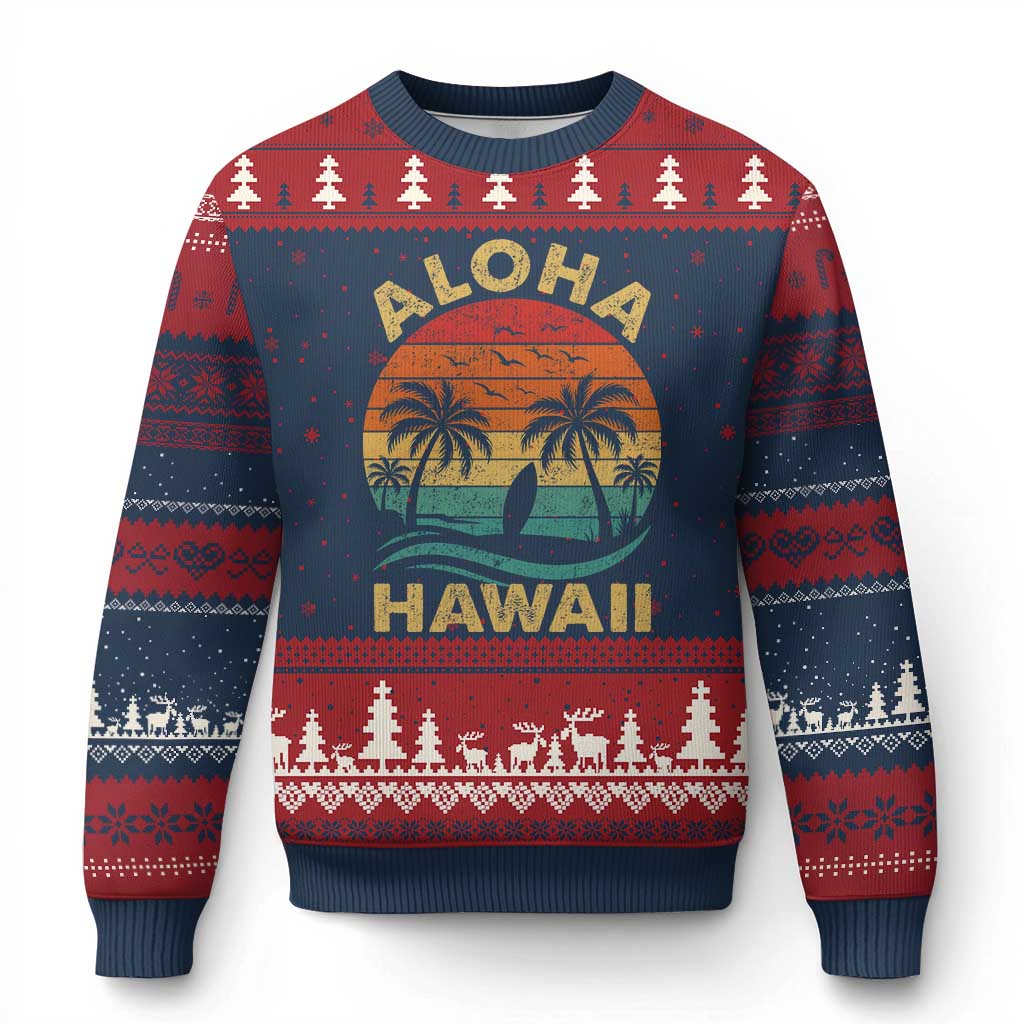 Aloha Hawaii Ugly Christmas Sweater Retro Hawaiian Island Palm Beach Surfboard Surf TS10 Navy Red Print Your Wear