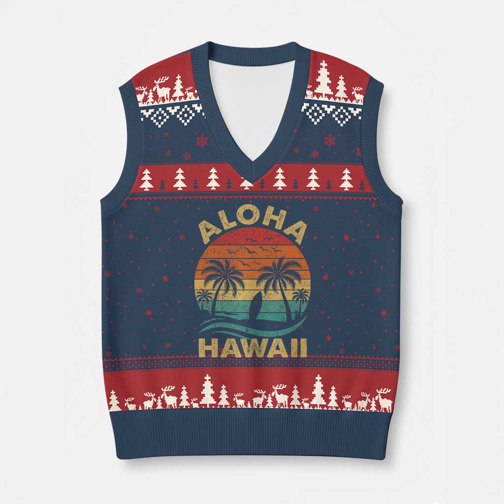 Aloha Hawaii V-Neck Knit Sweater Vest Retro Hawaiian Island Palm Beach Surfboard Surf TS10 Navy Red Print Your Wear