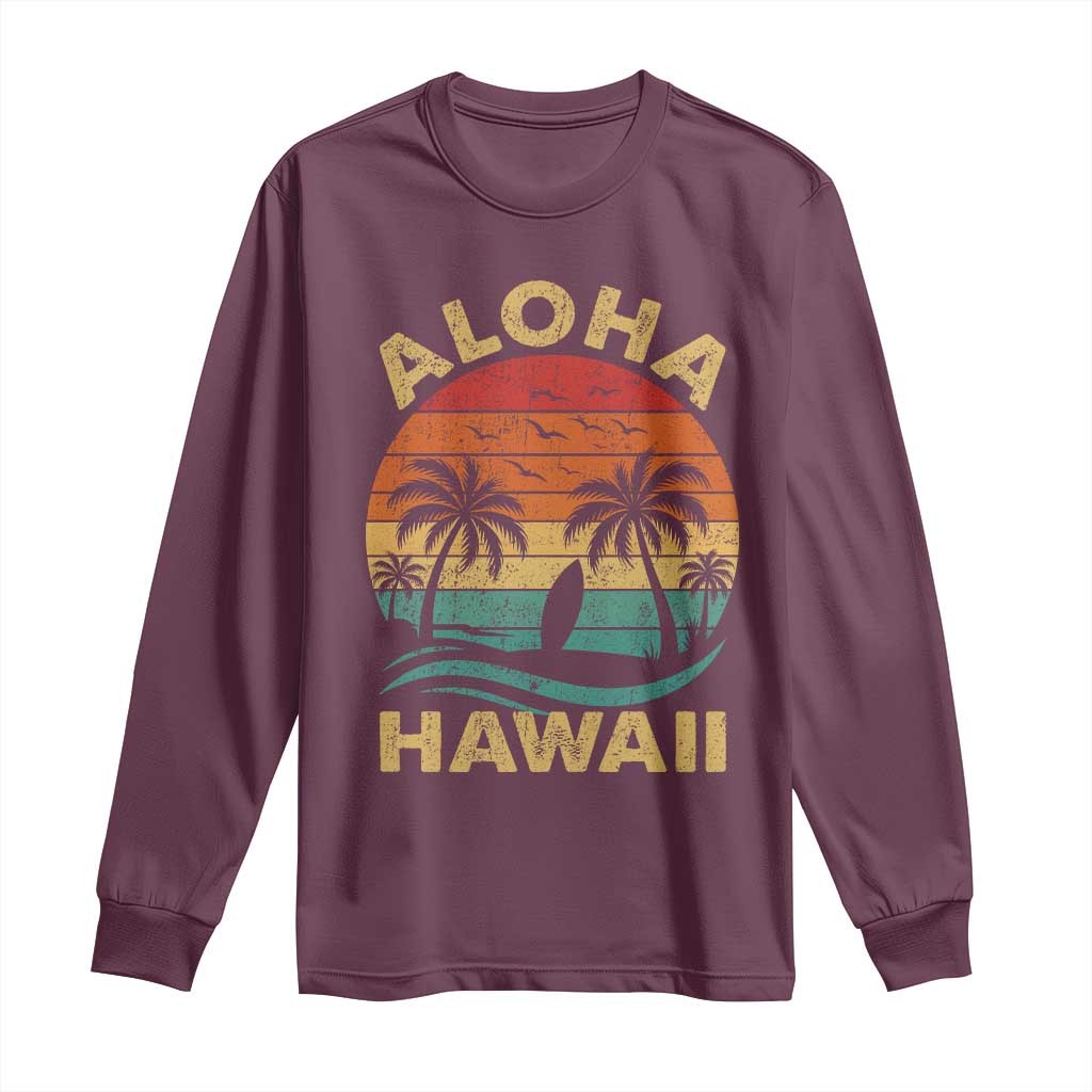 Aloha Hawaii Long Sleeve Shirt Retro Hawaiian Island Palm Beach Surfboard Surf TS10 Maroon Print Your Wear