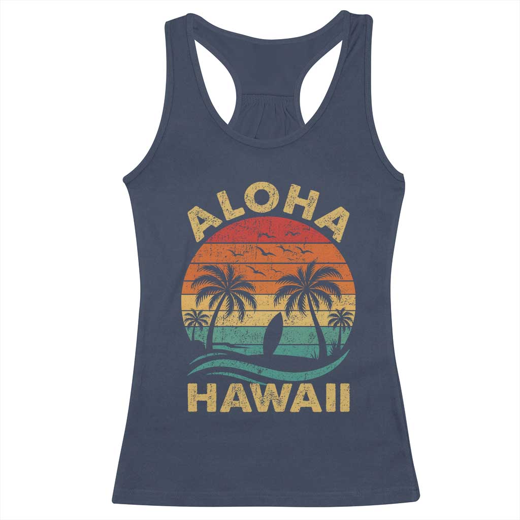 Aloha Hawaii Racerback Tank Top Retro Hawaiian Island Palm Beach Surfboard Surf TS10 Navy Print Your Wear