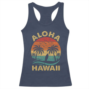 Aloha Hawaii Racerback Tank Top Retro Hawaiian Island Palm Beach Surfboard Surf TS10 Navy Print Your Wear