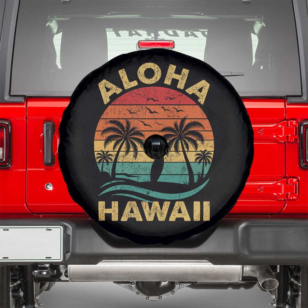 Aloha Hawaii Spare Tire Cover Retro Hawaiian Island Palm Beach Surfboard Surf TS10 Black Print Your Wear