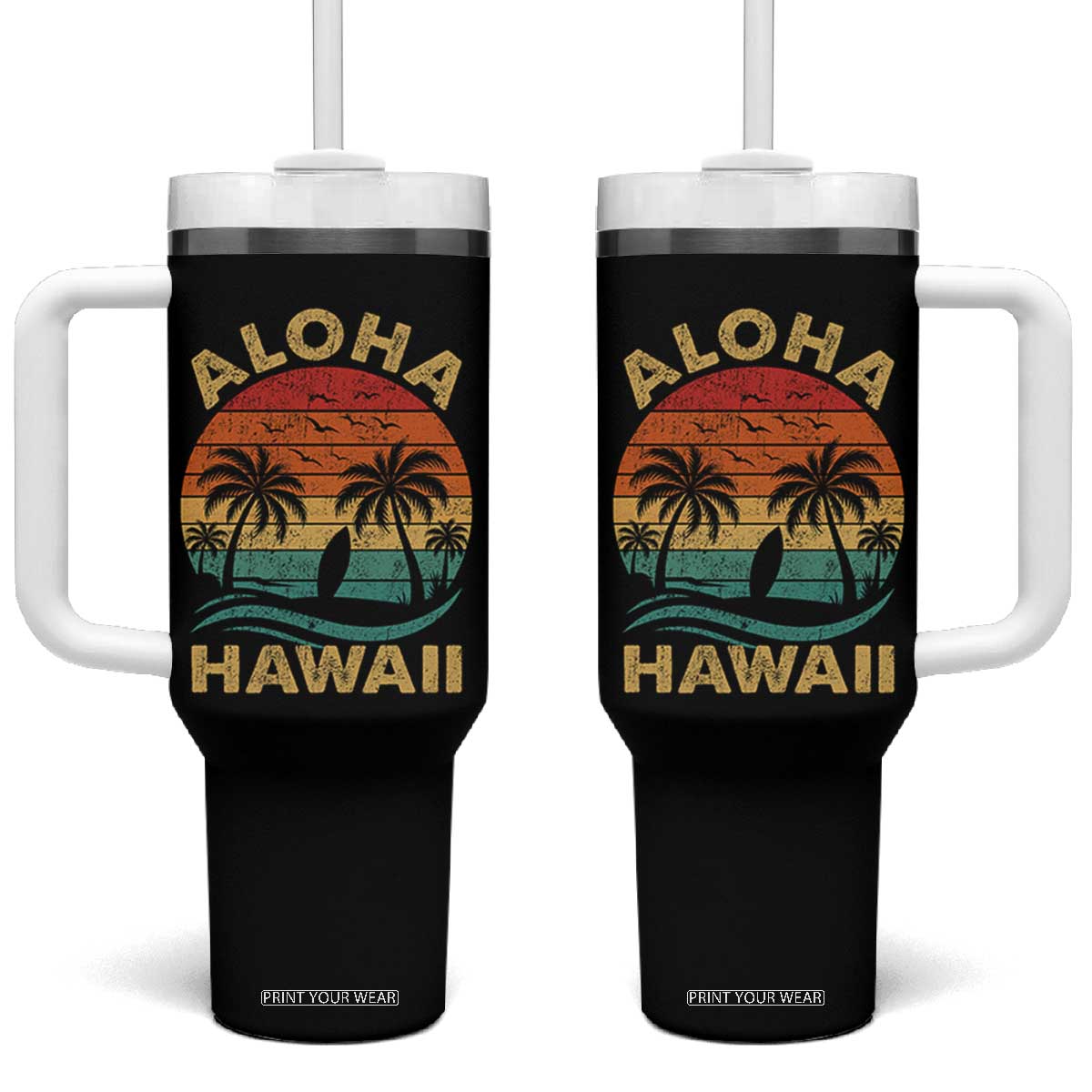 Aloha Hawaii Tumbler With Handle Retro Hawaiian Island Palm Beach Surfboard Surf TS10 One Size: 40 oz Black Print Your Wear