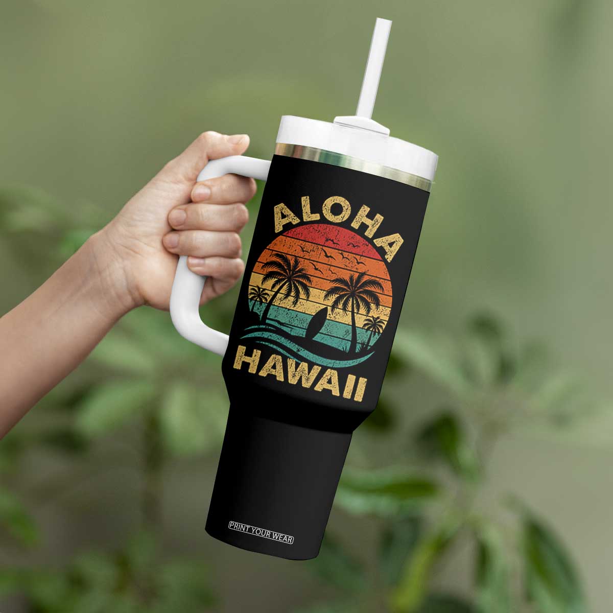 Aloha Hawaii Tumbler With Handle Retro Hawaiian Island Palm Beach Surfboard Surf TS10 Print Your Wear