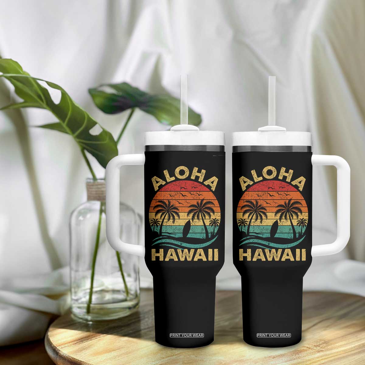 Aloha Hawaii Tumbler With Handle Retro Hawaiian Island Palm Beach Surfboard Surf TS10 Print Your Wear