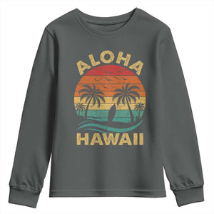 Aloha Hawaii Youth Sweatshirt Retro Hawaiian Island Palm Beach Surfboard Surf TS10 Dark Heather Print Your Wear