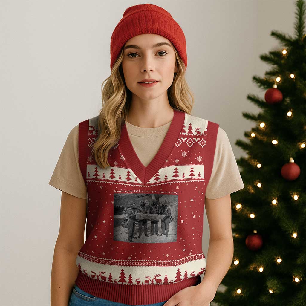 Tuskegee Airmen V-Neck Knit Sweater Vest African American Heroes Preparing for Battle WW2 TS10 Red Beige Print Your Wear