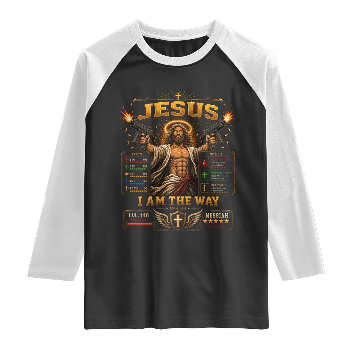 Jesus I Am the Way Character Stats RPG Books Raglan Shirt