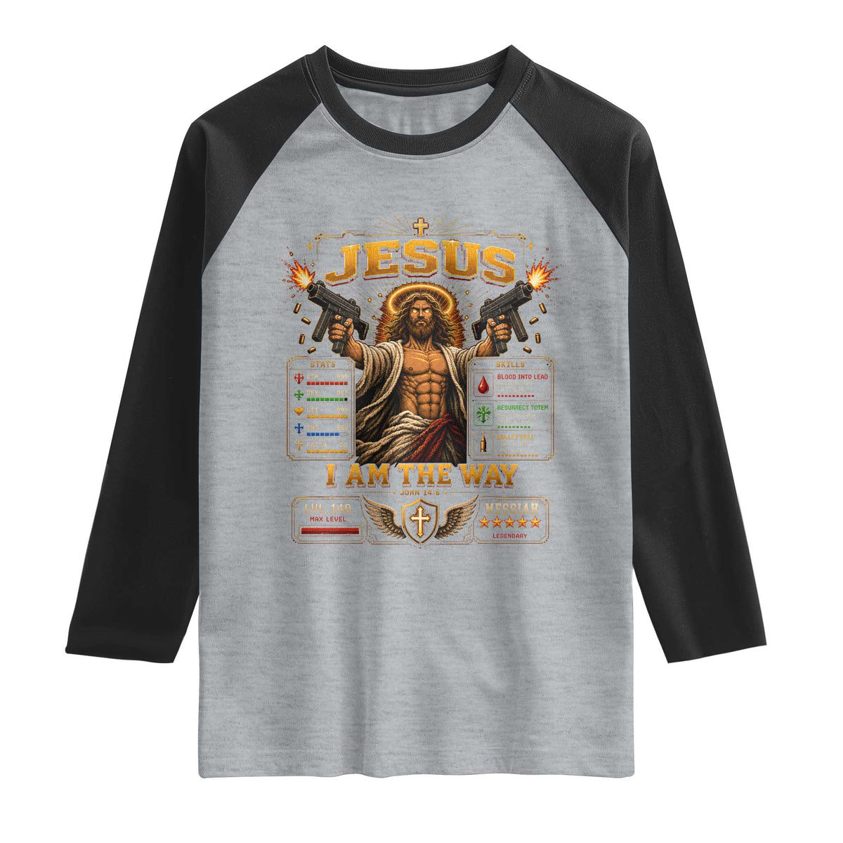 Jesus I Am the Way Character Stats RPG Books Raglan Shirt
