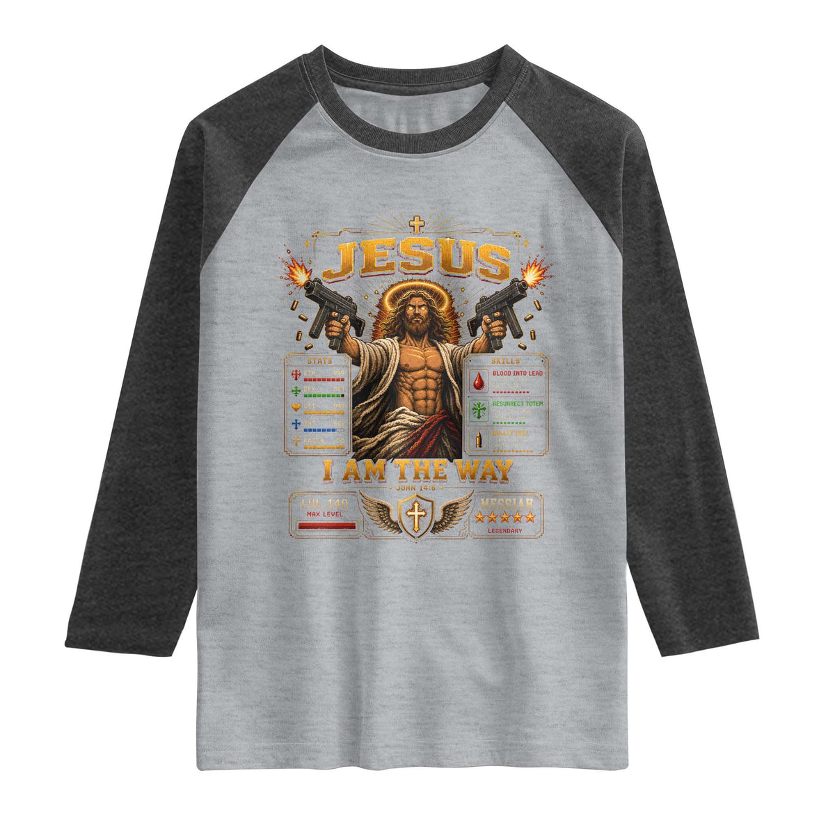 Jesus I Am the Way Character Stats RPG Books Raglan Shirt