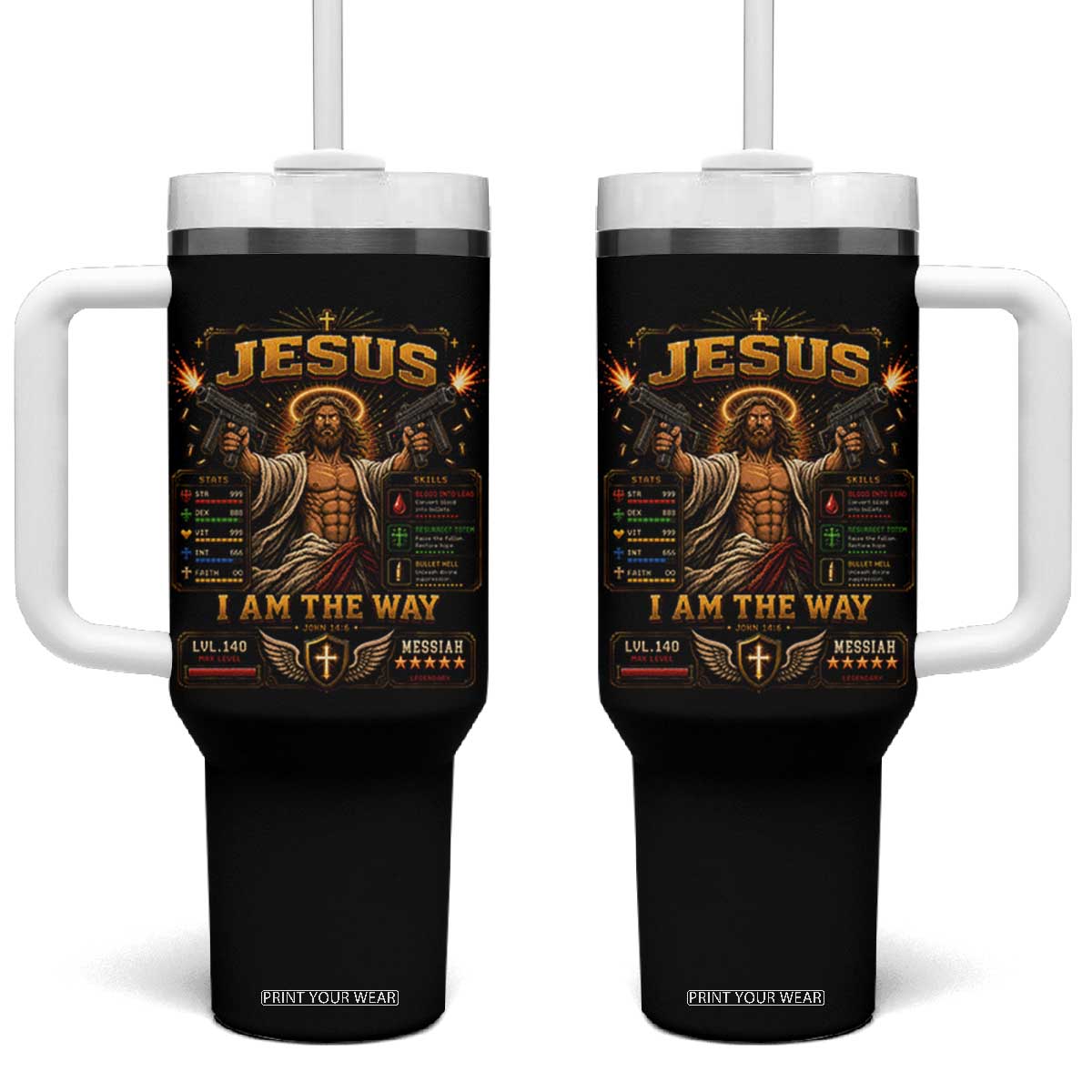 Jesus I Am the Way Character Stats RPG Books Tumbler With Handle