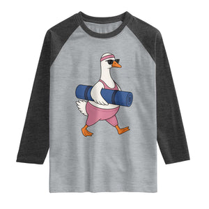 Yoga Goose Carrying Mat Raglan Shirt Funny Yogi Workout Fitness Graphic