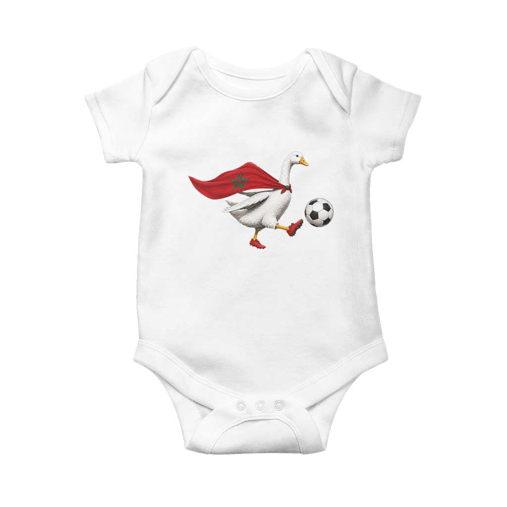 Morocco Soccer Baby Onesie Funny Goose Wearing Moroccan Flag Patriotic Football Fan Graphic TS10 White Print Your Wear