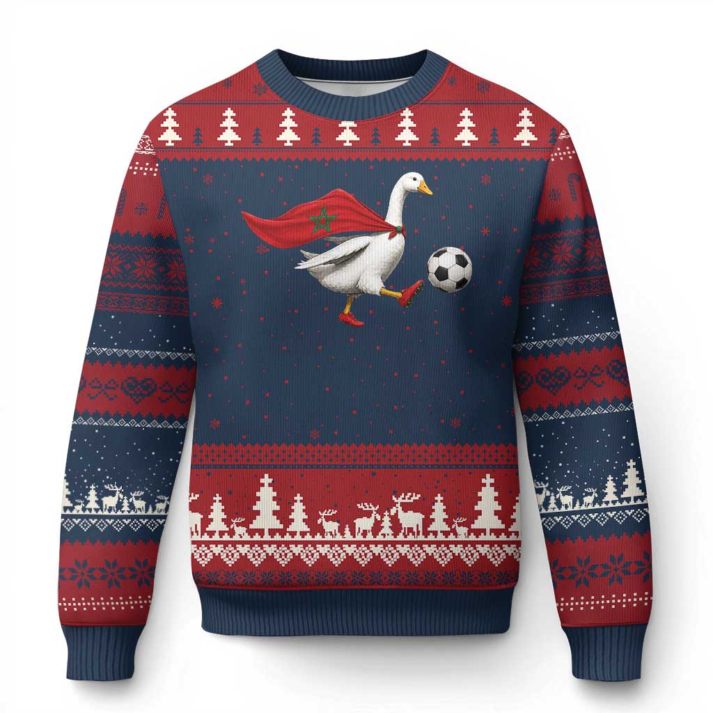 Morocco Soccer Ugly Christmas Sweater Funny Goose Wearing Moroccan Flag Patriotic Football Fan Graphic TS10 Navy Red Print Your Wear