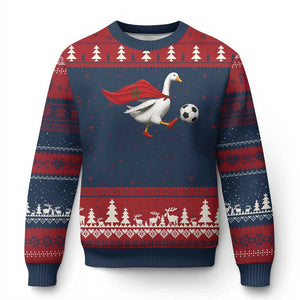 Morocco Soccer Ugly Christmas Sweater Funny Goose Wearing Moroccan Flag Patriotic Football Fan Graphic TS10 Navy Red Print Your Wear