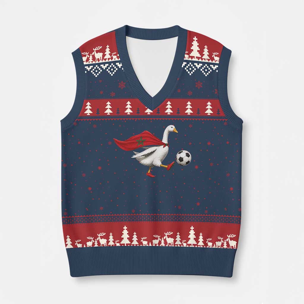 Morocco Soccer V-Neck Knit Sweater Vest Funny Goose Wearing Moroccan Flag Patriotic Football Fan Graphic TS10 Navy Red Print Your Wear