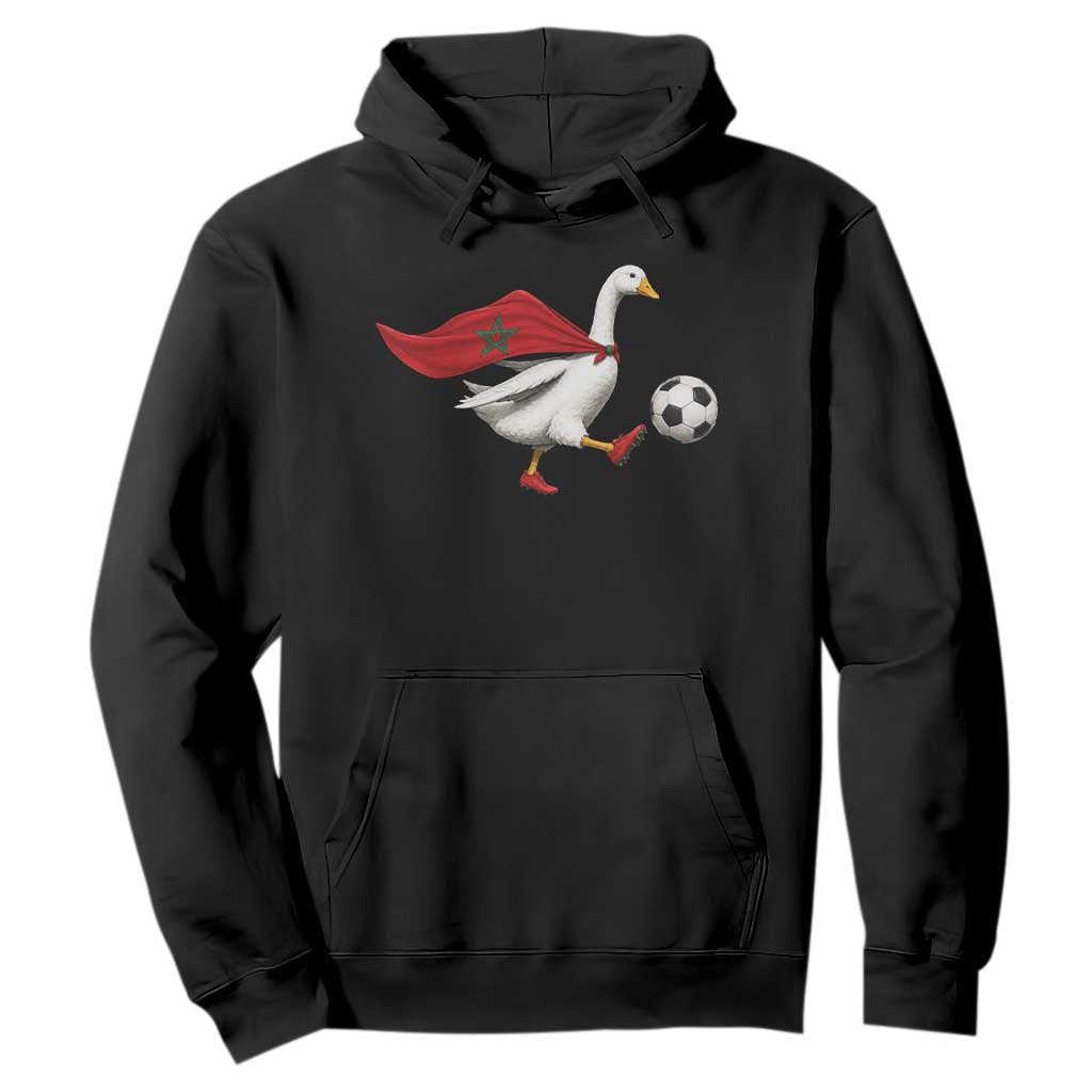Morocco Soccer Hoodie Funny Goose Wearing Moroccan Flag Patriotic Football Fan Graphic TS10 Black Print Your Wear