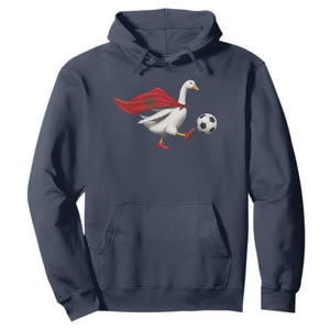 Morocco Soccer Hoodie Funny Goose Wearing Moroccan Flag Patriotic Football Fan Graphic TS10 Navy Print Your Wear