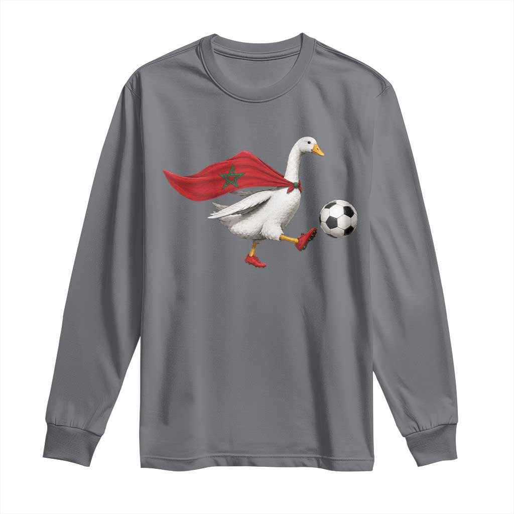 Morocco Soccer Long Sleeve Shirt Funny Goose Wearing Moroccan Flag Patriotic Football Fan Graphic TS10 Charcoal Print Your Wear
