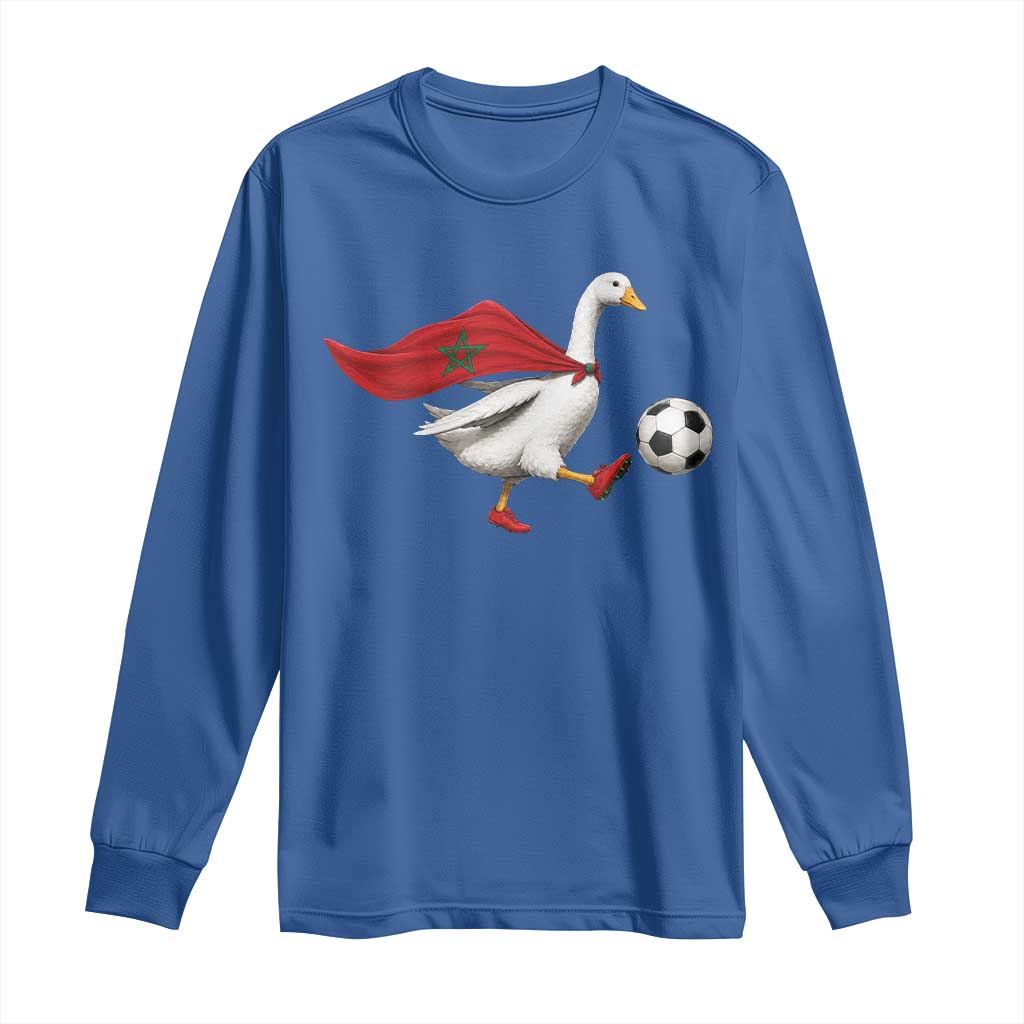 Morocco Soccer Long Sleeve Shirt Funny Goose Wearing Moroccan Flag Patriotic Football Fan Graphic TS10 Royal Blue Print Your Wear