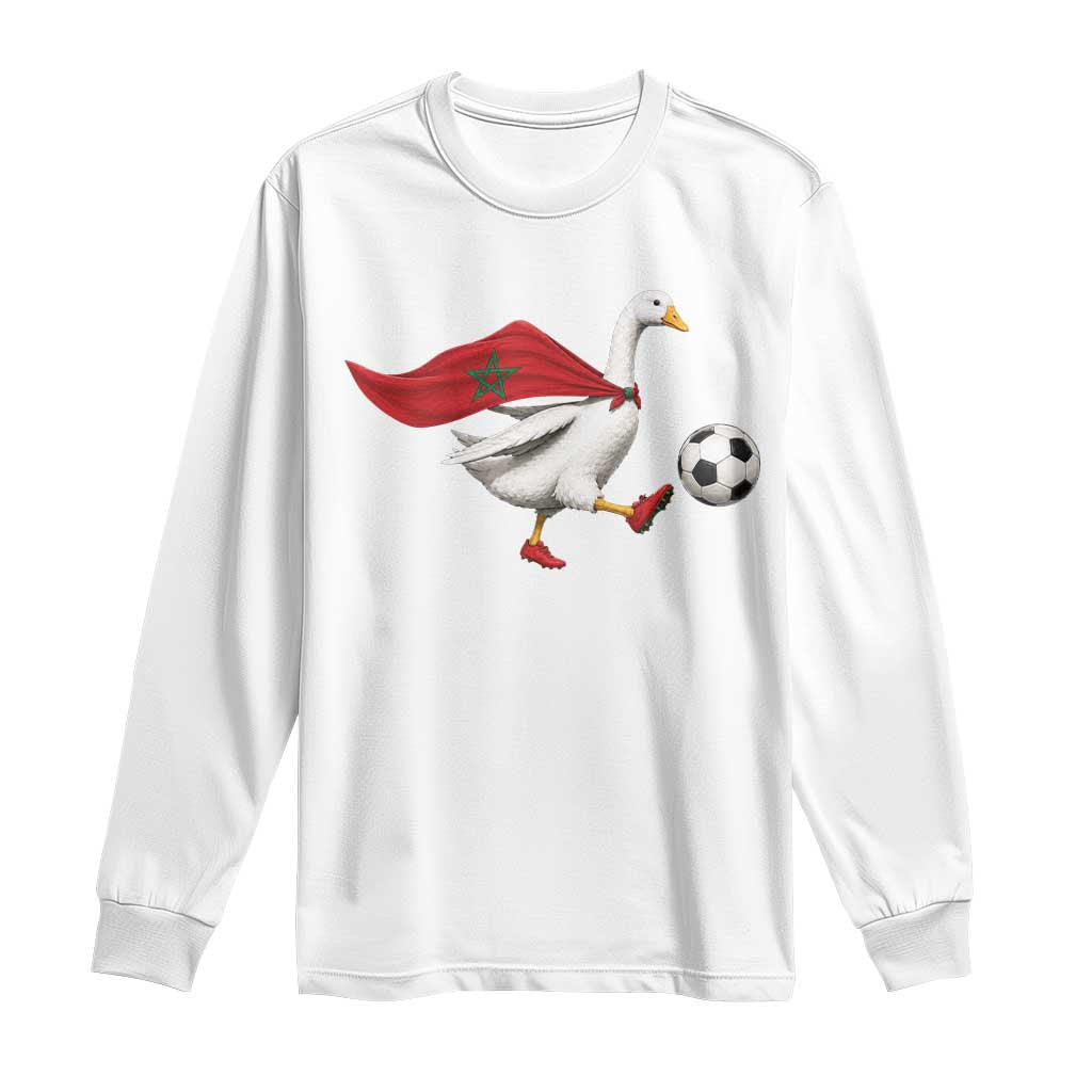 Morocco Soccer Long Sleeve Shirt Funny Goose Wearing Moroccan Flag Patriotic Football Fan Graphic TS10 White Print Your Wear