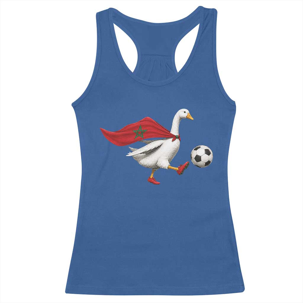 Morocco Soccer Racerback Tank Top Funny Goose Wearing Moroccan Flag Patriotic Football Fan Graphic TS10 Royal Blue Print Your Wear