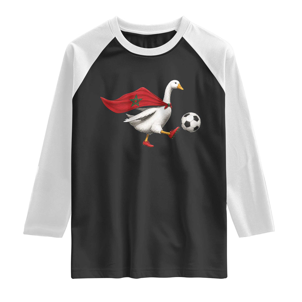 Morocco Soccer Raglan Shirt Funny Goose Wearing Moroccan Flag Patriotic Football Fan Graphic TS10 Black White Print Your Wear