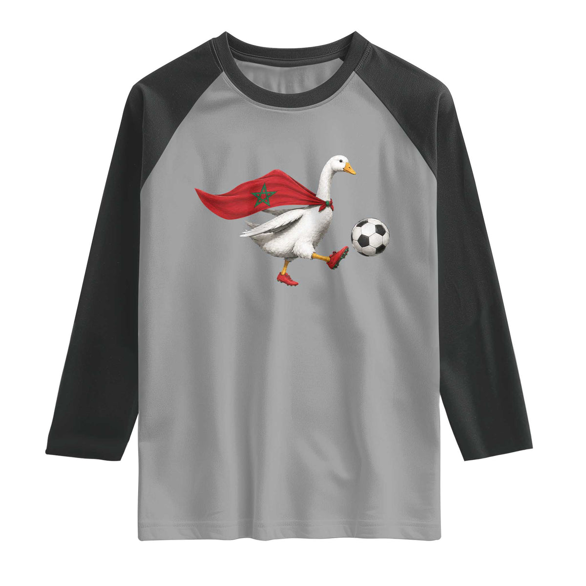 Morocco Soccer Raglan Shirt Funny Goose Wearing Moroccan Flag Patriotic Football Fan Graphic TS10 Sport Gray Black Print Your Wear