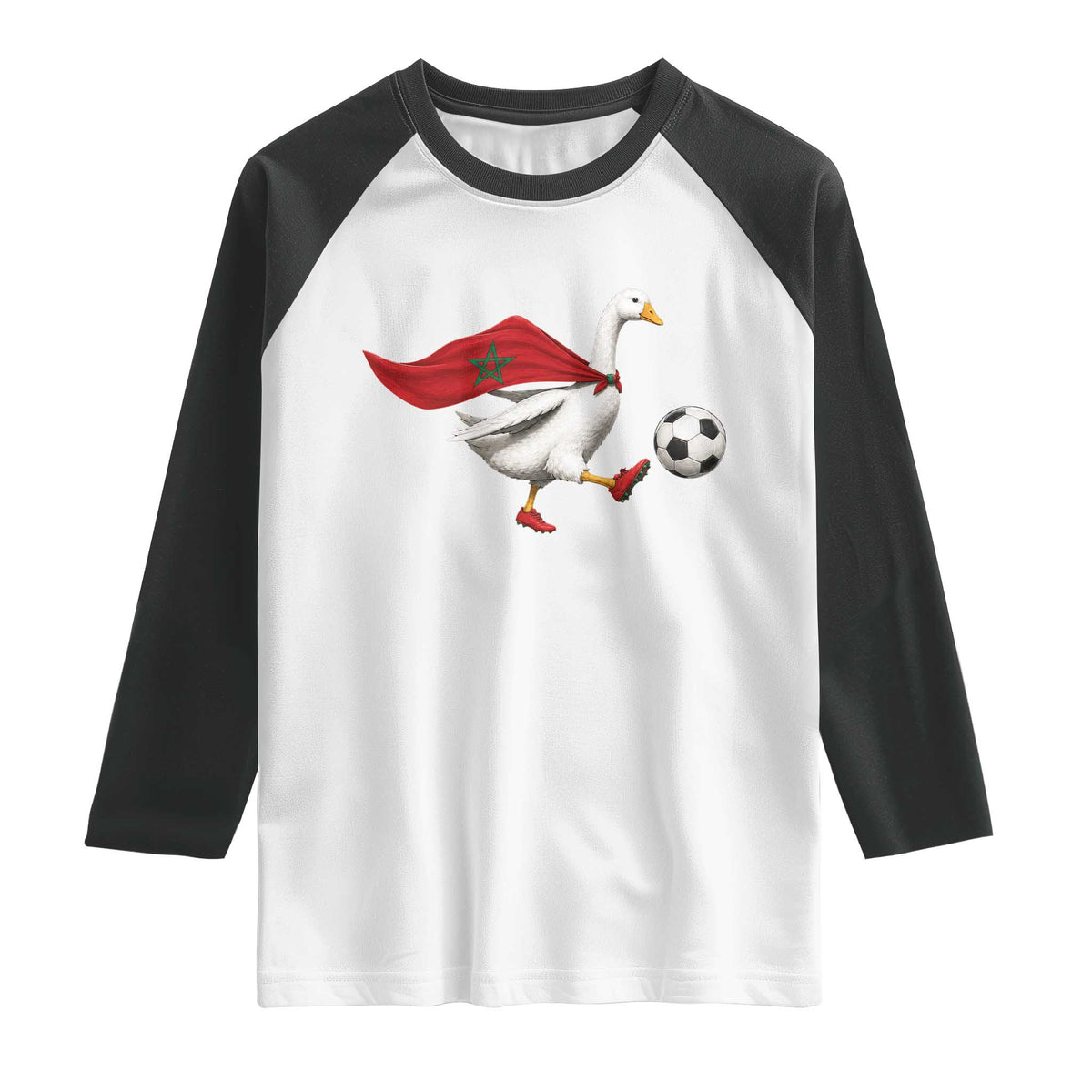 Morocco Soccer Raglan Shirt Funny Goose Wearing Moroccan Flag Patriotic Football Fan Graphic TS10 White Black Print Your Wear