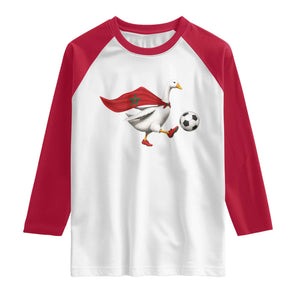Morocco Soccer Raglan Shirt Funny Goose Wearing Moroccan Flag Patriotic Football Fan Graphic TS10 White Red Print Your Wear