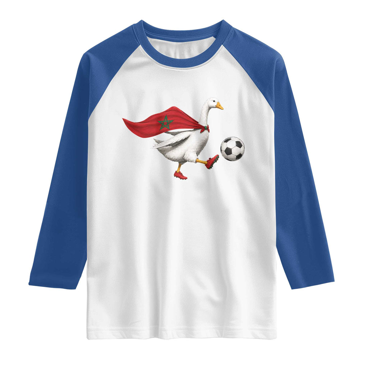 Morocco Soccer Raglan Shirt Funny Goose Wearing Moroccan Flag Patriotic Football Fan Graphic TS10 White Royal Print Your Wear