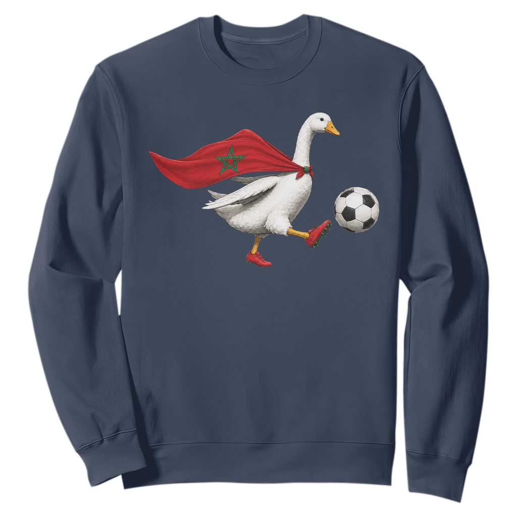 Morocco Soccer Sweatshirt Funny Goose Wearing Moroccan Flag Patriotic Football Fan Graphic TS10 Navy Print Your Wear