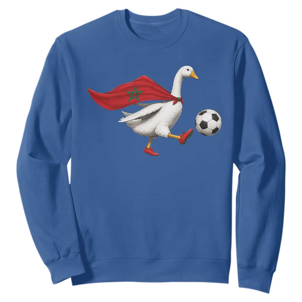 Morocco Soccer Sweatshirt Funny Goose Wearing Moroccan Flag Patriotic Football Fan Graphic TS10 Royal Blue Print Your Wear
