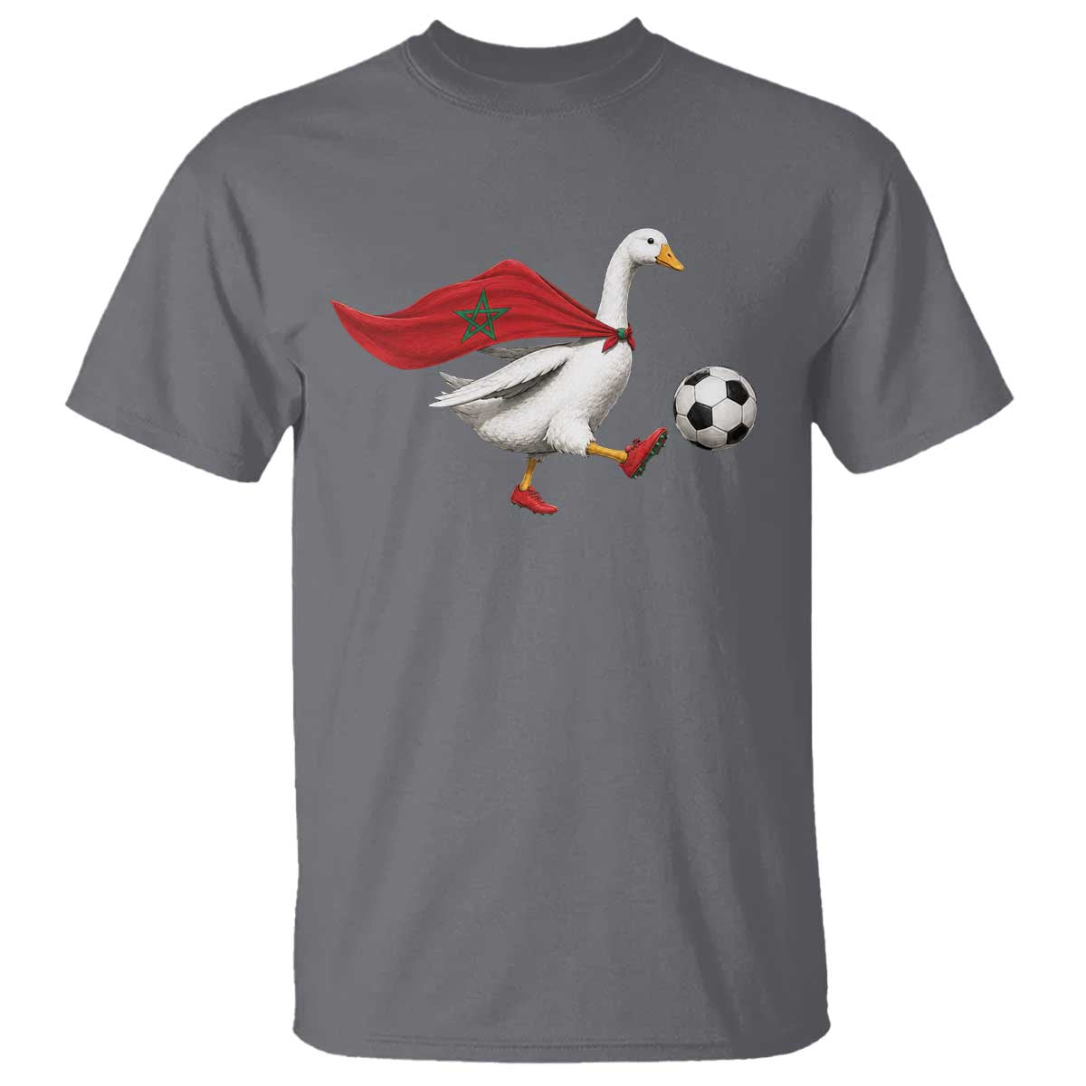 Morocco Soccer T Shirt Funny Goose Wearing Moroccan Flag Patriotic Football Fan Graphic TS10 Charcoal Print Your Wear