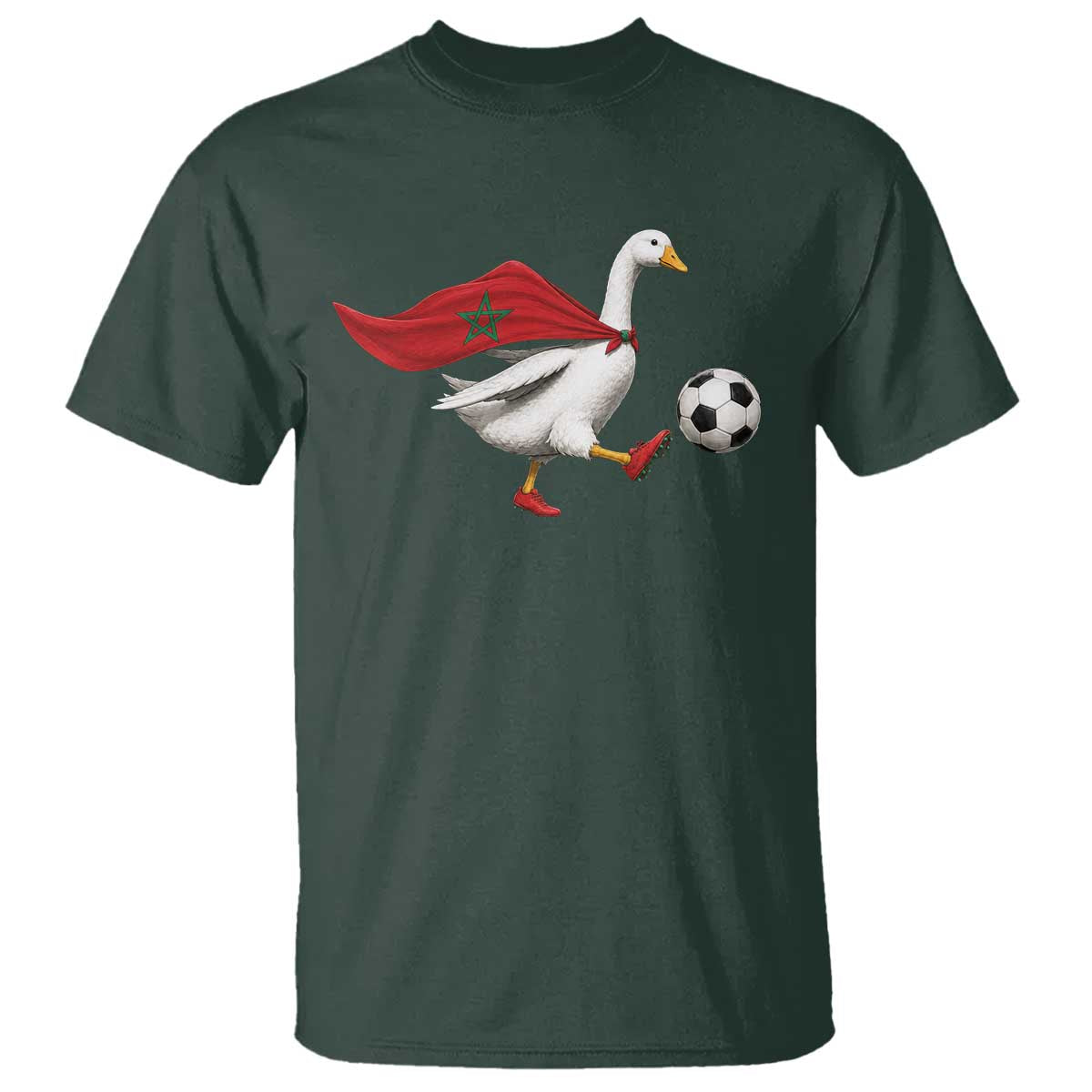 Morocco Soccer T Shirt Funny Goose Wearing Moroccan Flag Patriotic Football Fan Graphic TS10 Dark Forest Green Print Your Wear