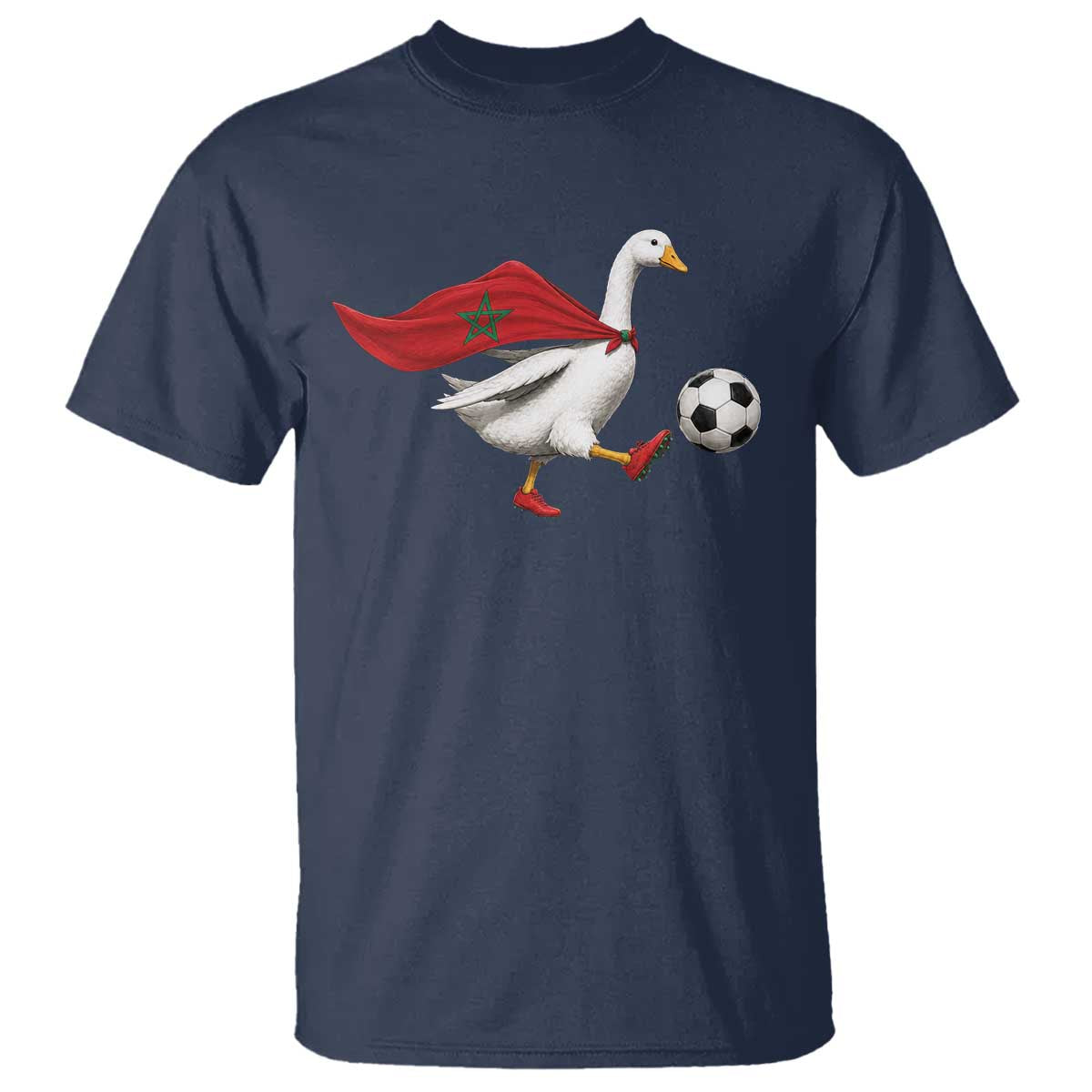 Morocco Soccer T Shirt Funny Goose Wearing Moroccan Flag Patriotic Football Fan Graphic TS10 Navy Print Your Wear