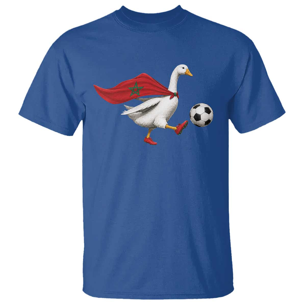 Morocco Soccer T Shirt Funny Goose Wearing Moroccan Flag Patriotic Football Fan Graphic TS10 Royal Blue Print Your Wear