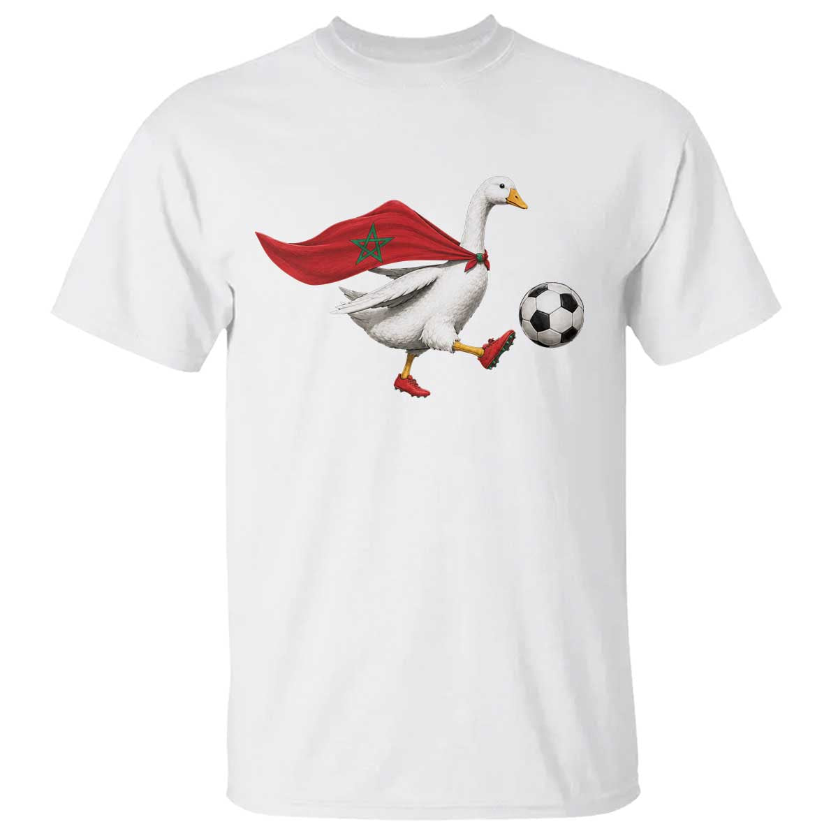 Morocco Soccer T Shirt Funny Goose Wearing Moroccan Flag Patriotic Football Fan Graphic TS10 White Print Your Wear