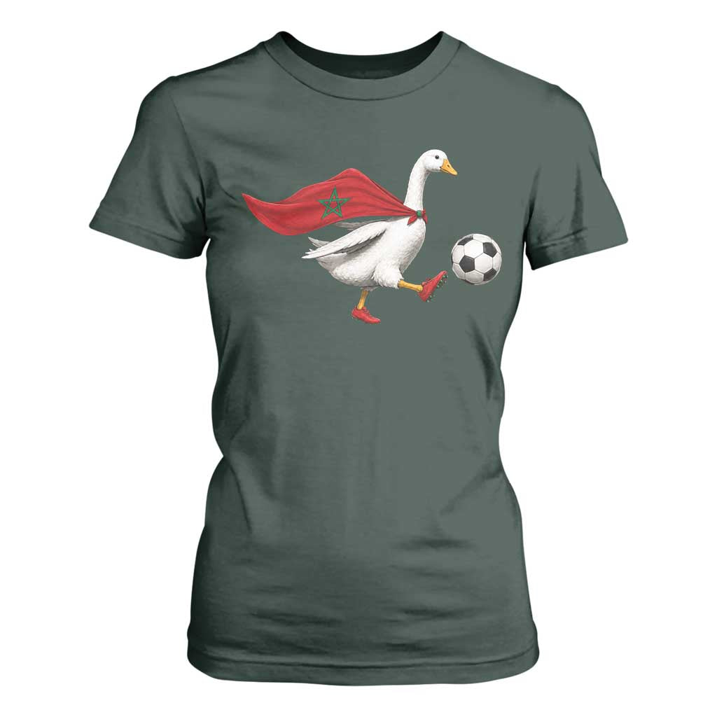 Morocco Soccer T Shirt For Women Funny Goose Wearing Moroccan Flag Patriotic Football Fan Graphic TS10 Dark Forest Green Print Your Wear