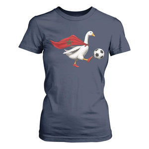 Morocco Soccer T Shirt For Women Funny Goose Wearing Moroccan Flag Patriotic Football Fan Graphic TS10 Navy Print Your Wear