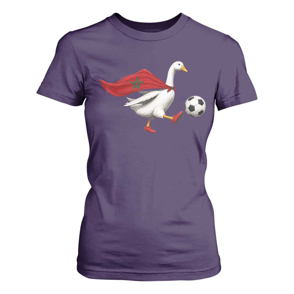 Morocco Soccer T Shirt For Women Funny Goose Wearing Moroccan Flag Patriotic Football Fan Graphic TS10 Purple Print Your Wear