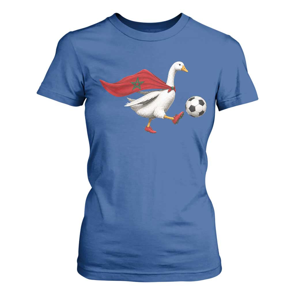 Morocco Soccer T Shirt For Women Funny Goose Wearing Moroccan Flag Patriotic Football Fan Graphic TS10 Royal Blue Print Your Wear