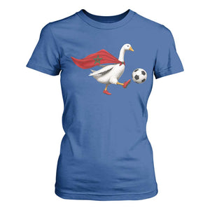 Morocco Soccer T Shirt For Women Funny Goose Wearing Moroccan Flag Patriotic Football Fan Graphic TS10 Royal Blue Print Your Wear